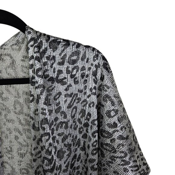 Leopard Print Silver Fringe Shawl Kimono Cover up Mesh Open Front One Size - Picture 5 of 12